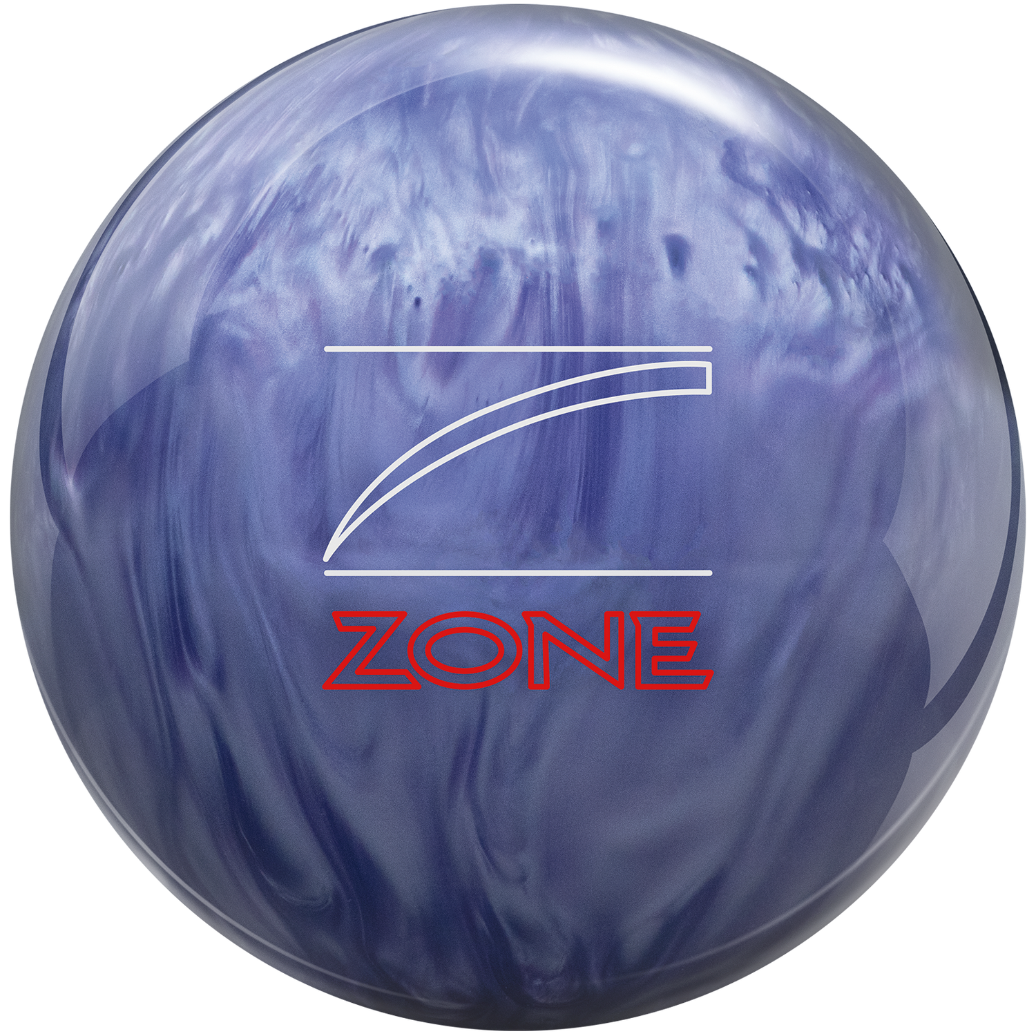 Blue and white marbled bowling ball with 'Zone' logo on a white background