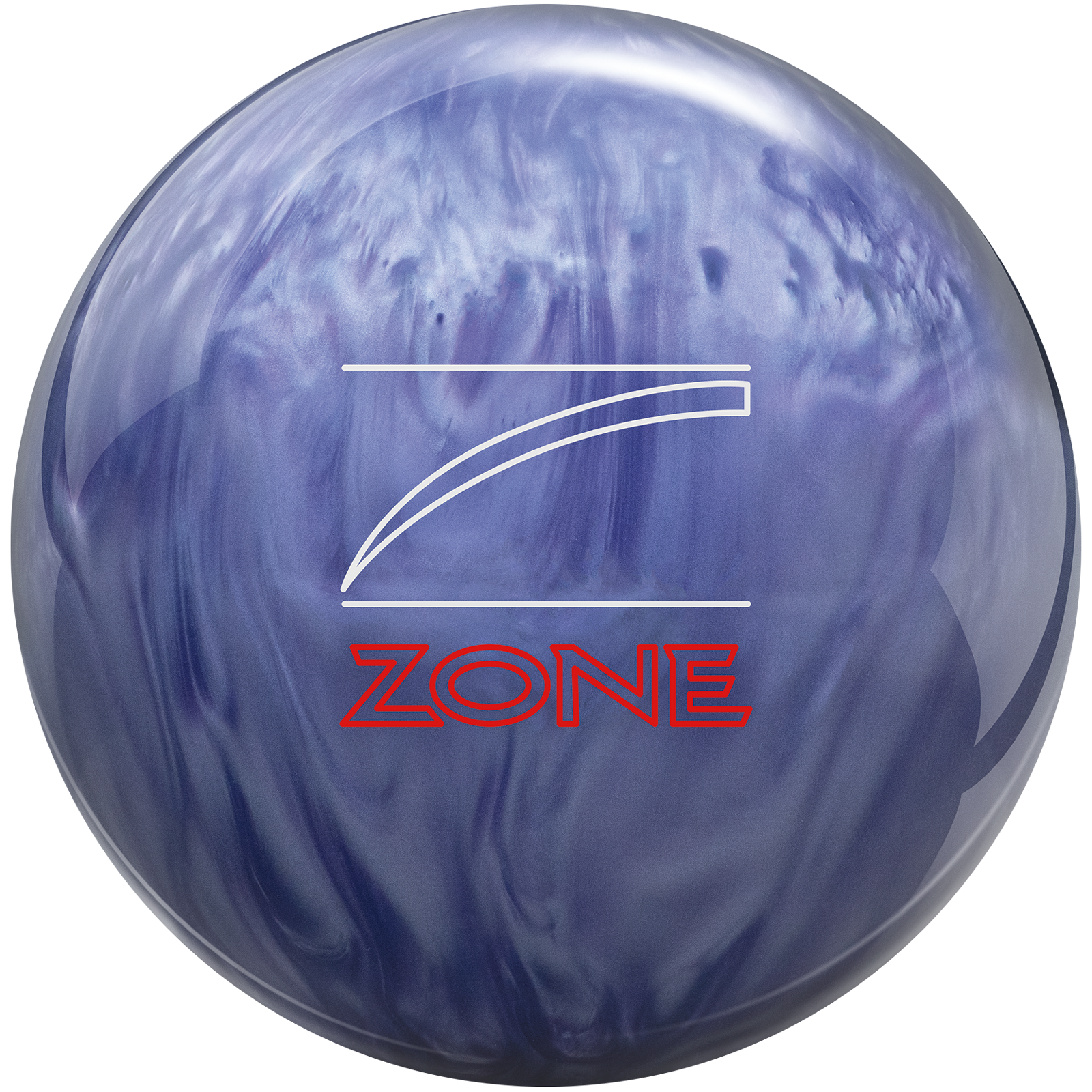 Blue and white marbled bowling ball with 'Zone' logo on a white background