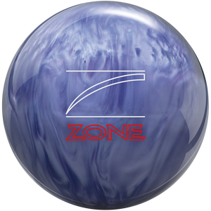 Blue and white marbled bowling ball with 'Zone' logo on a white background