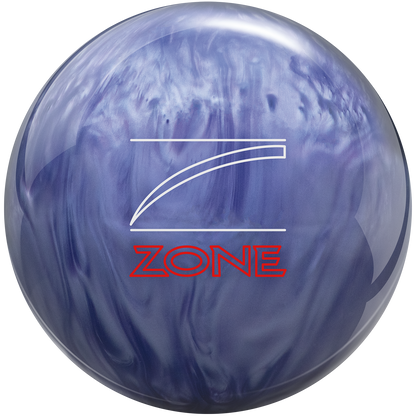 Blue and white marbled bowling ball with 'Zone' logo on a white background