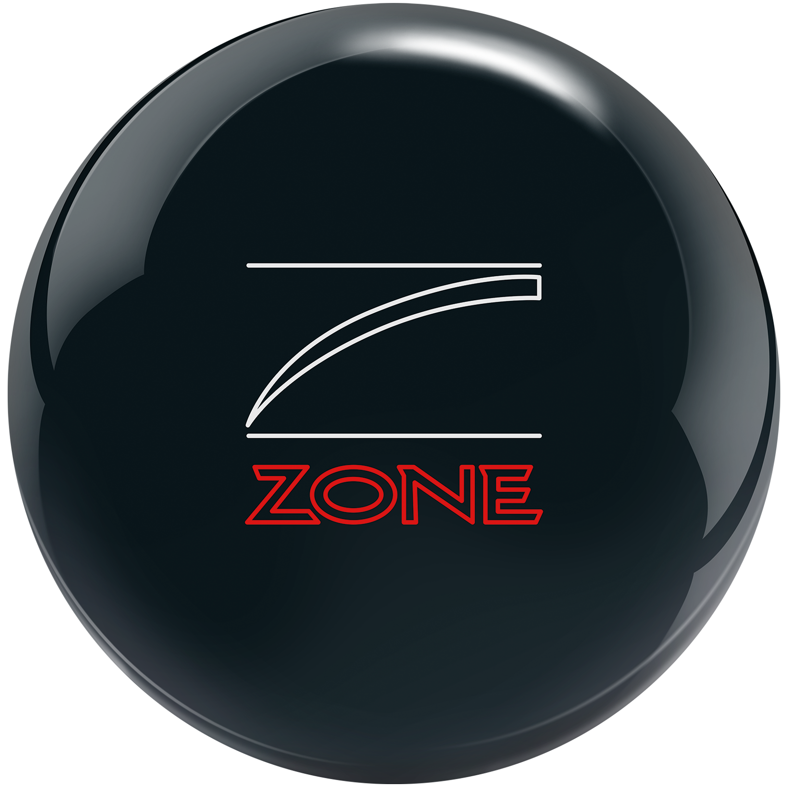 Black bowling ball with 'Zone' logo on a white background