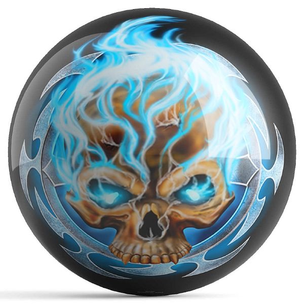 OnTheBall Michael Graham Flaming Blue Skull Bowling Ball Front
