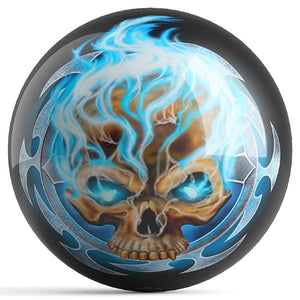 OnTheBall Michael Graham Flaming Blue Skull Bowling Ball Front